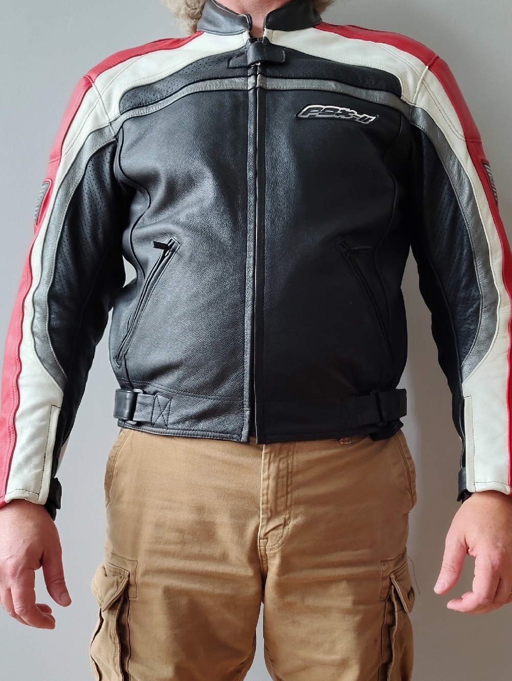Hein Gericke Men's Leather Motorcycle Jacket - Black, Red, And White